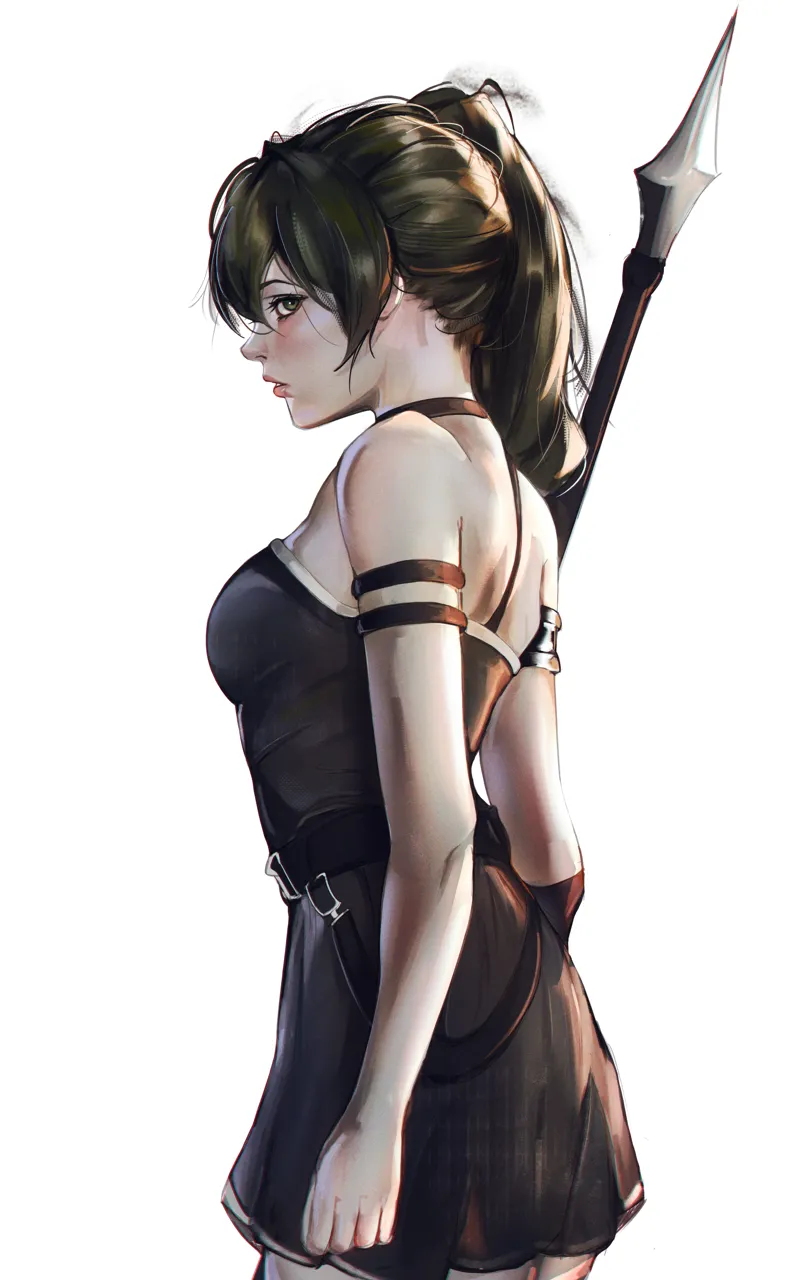 1girl black_dress dress from_side green_eyes green_hair holding holding_polearm holding_weapon lips nose parted_lips polearm side_ponytail simple_background solo weapon white_background big_chunger sousou_no_frieren ubel__sousou_no_frieren