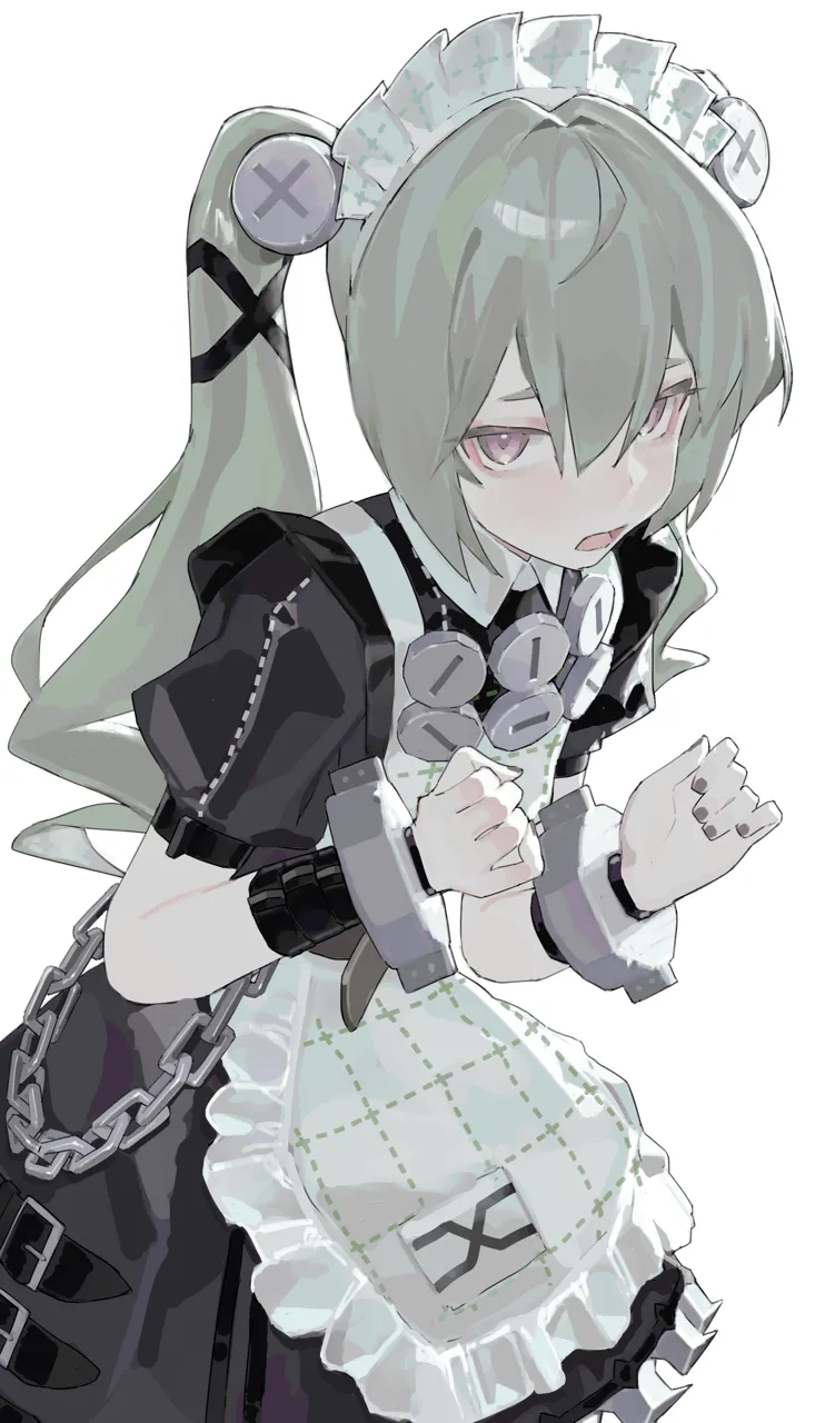 1girl apron black_dress black_nails chain dress hair_between_eyes hands_up long_hair looking_at_viewer maid maid_headdress nail_polish open_mouth purple_eyes short_sleeves solo twintails white_apron white_headdress saaal653 zenless_zone_zero corin_wickes
