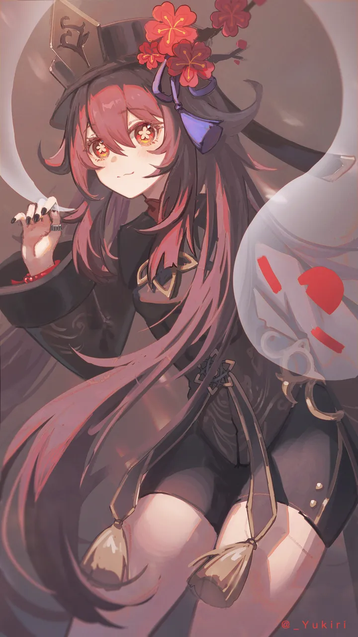 1girl artist_name black_nails black_shorts brown_coat brown_headwear closed_mouth coat cowboy_shot flower flower_shaped_pupils ghost hand_up hat hat_flower long_hair long_sleeves plum_blossoms porkpie_hat red_eyes shorts smile symbol_shaped_pupils tassel thumb_ring very_long_hair yukiri__l_ii genshin_impact boo_tao__genshin_impact hu_tao__genshin_impact