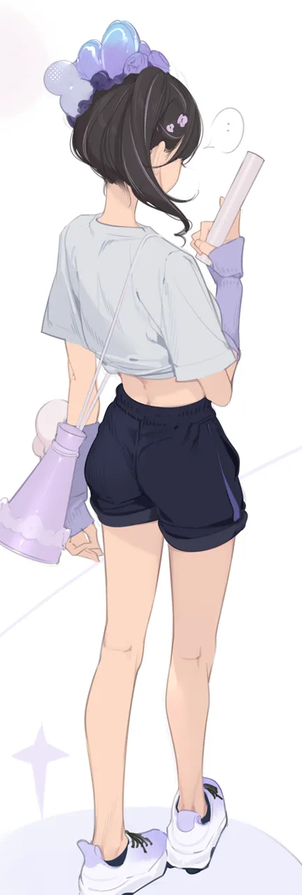 1girl back black_hair black_shorts detached_sleeves from_behind holding legs midriff purple_sleeves shirt shoes short_hair short_shorts short_sleeves shorts sneakers solo thighs white_shirt white_shoes ama_mitsuki