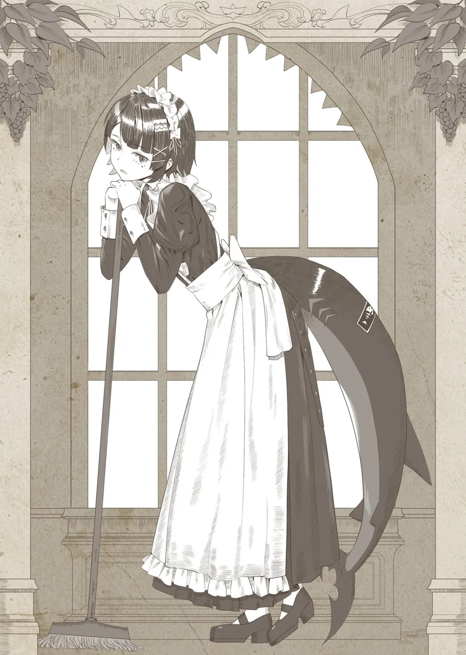 1girl broom clenched_teeth fins fish_tail full_body hair_between_eyes hair_ornament hairclip holding holding_broom looking_at_viewer maid maid_headdress mole mole_under_eye shark_girl shark_tail sharp_teeth short_hair sidelocks solo standing tail teeth window midfinger zenless_zone_zero ellen_joe__zenless_zone_zero