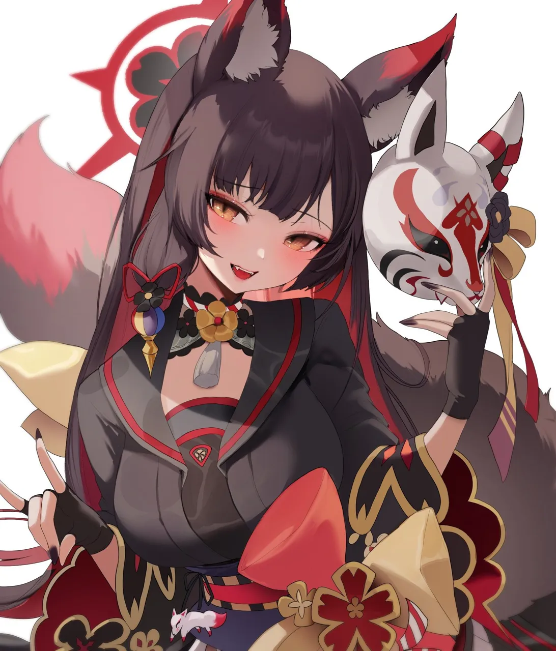 1girl animal_ears black_kimono blunt_bangs blush breasts brown_hair fingerless_gloves fox_ears fox_mask fox_tail gloves hair_ornament japanese_clothes kimono large_breasts long_hair looking_at_viewer mask multiple_tails open_mouth smile solo tail wide_sleeves blue_archive kosaka_wakamo__blue_archive