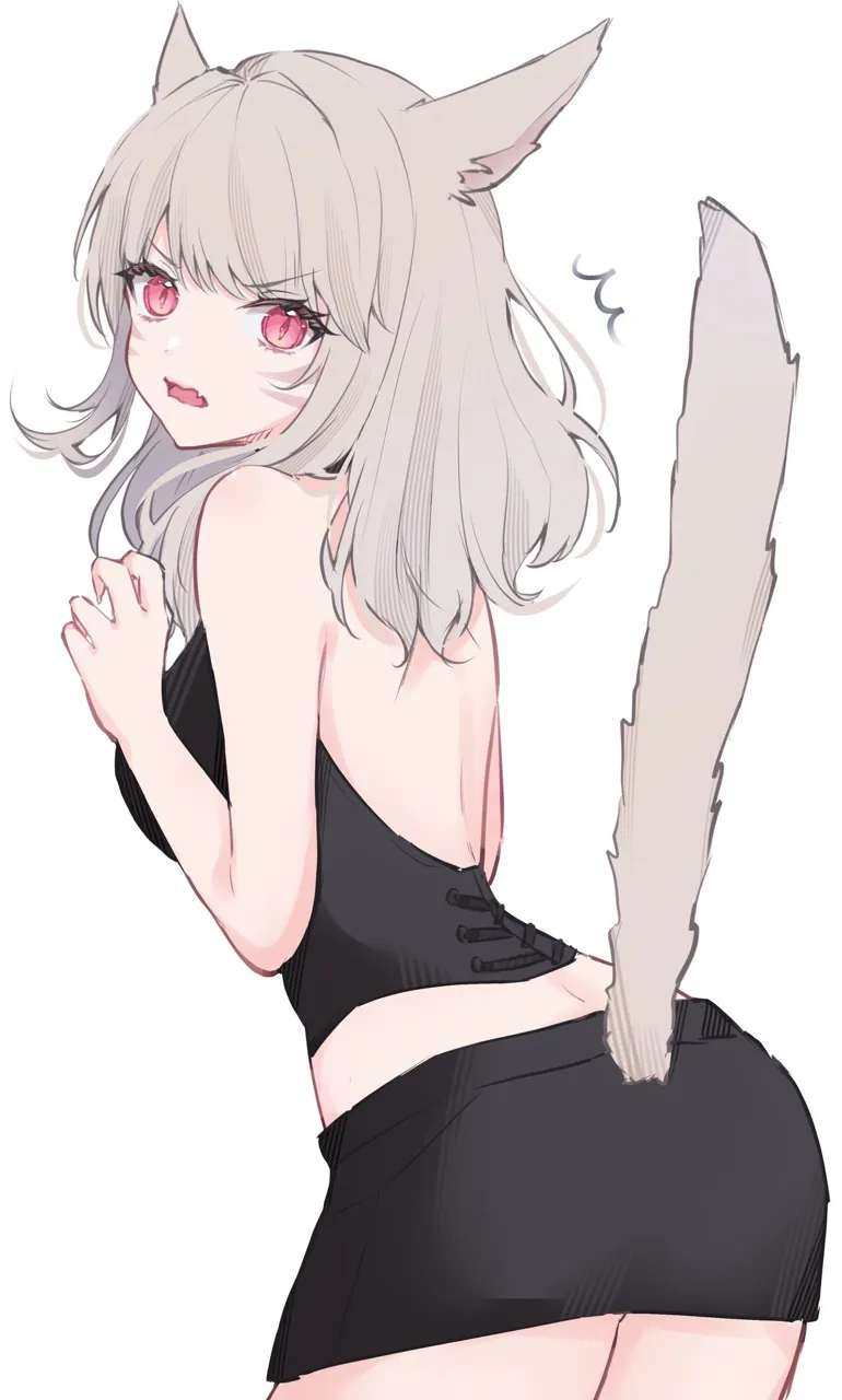 1girl animal_ears bangs bare_arms bare_shoulders black_skirt cat_ears cat_girl cat_tail cowboy_shot long_hair looking_at_viewer miniskirt miqo_te open_mouth pencil_skirt simple_background skirt solo tail tail_raised white_background