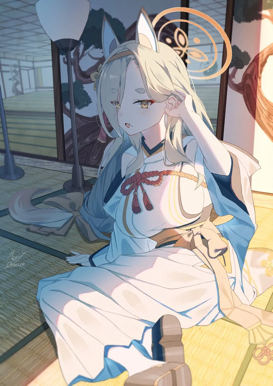 1girl animal_ears architecture arm_support asymmetrical_bangs black_kimono blonde_hair breasts detached_sleeves east_asian_architecture extra_ears eyes_visible_through_hair eyeshadow fang forehead fox_ears hair_over_one_eye hairband hakama hakama_skirt halo hikimayu indoors japanese_clothes kimono large_breasts long_hair looking_at_viewer makeup mole mole_under_mouth obi okobo pink_eyeshadow platform_sandals rope sandals sash shimenawa short_eyebrows sideboob sideless_kimono sitting skin_fang skirt solo tassel tatami thick_eyebrows tucking_hair white_kimono white_skirt yellow_eyes yellow_hairband yokozuwari maria_onnette blue_archive kaho__blue_archive