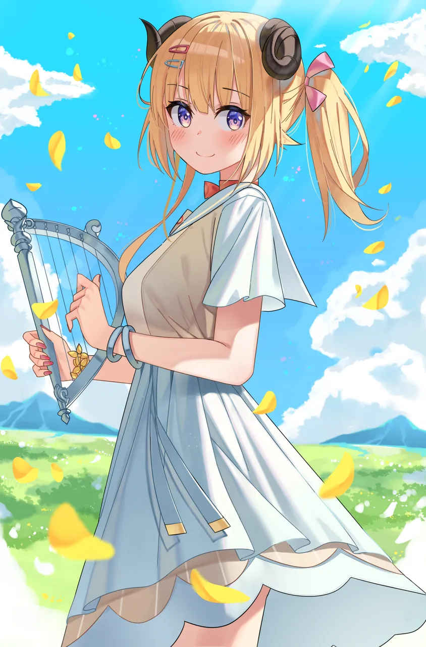 1girl animal_ears blonde_hair blue_sky blush bracelet breasts choker closed_mouth cowboy_shot day dress fingernails flower_bracelet from_side hair_ornament hairclip holding holding_instrument horns instrument jewelry large_breasts looking_at_viewer looking_to_the_side lyre medium_hair music official_alternate_costume official_alternate_hair_length official_alternate_hairstyle outdoors overskirt playing_instrument purple_eyes red_choker red_nails ribbon_choker sailor_collar sailor_dress sheep_ears sheep_girl sheep_horns short_dress short_sleeves side_ponytail skirt sky smile solo virtual_youtuber white_dress white_skirt niji__rudduf232 hololive tsunomaki_watame__hololive tsunomaki_watame__street_casual__hololive