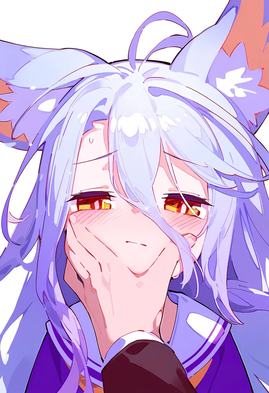 1girl ahoge animal_ear_fluff animal_ears blush closed_mouth eyebrows_visible_through_hair hair_between_eyes hand_on_another_s_cheek hand_on_another_s_face hands_on_another_s_face long_hair looking_at_viewer multicolored_hair orange_eyes sailor_collar school_uniform serafuku simple_background smile white_background no_game_no_life shiro__no_game_no_life