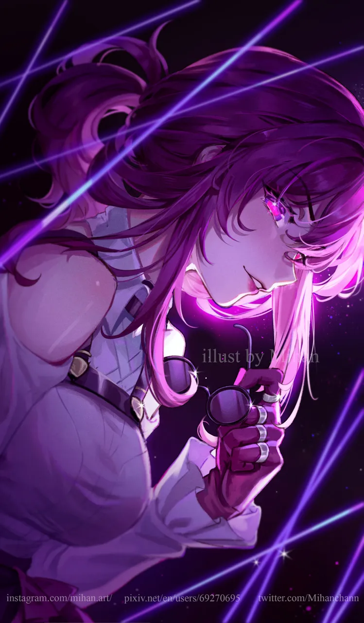 1girl artist_name bare_shoulders black_background choker collared_shirt detached_sleeves fingerless_gloves gloves hair_between_eyes hand_up heart heart_shaped_pupils holding holding_removed_eyewear instagram_username jewelry lips lipstick long_hair long_sleeves looking_at_viewer makeup pixiv_id ponytail purple_choker purple_eyes purple_gloves purple_hair ring round_eyewear shirt sidelocks simple_background smile solo sparkle sunglasses symbol_shaped_pupils teeth twitter_username unworn_eyewear watermark web_address white_shirt mihan__mihan_art honkai__star_rail honkai__series kafka__honkai__star_rail
