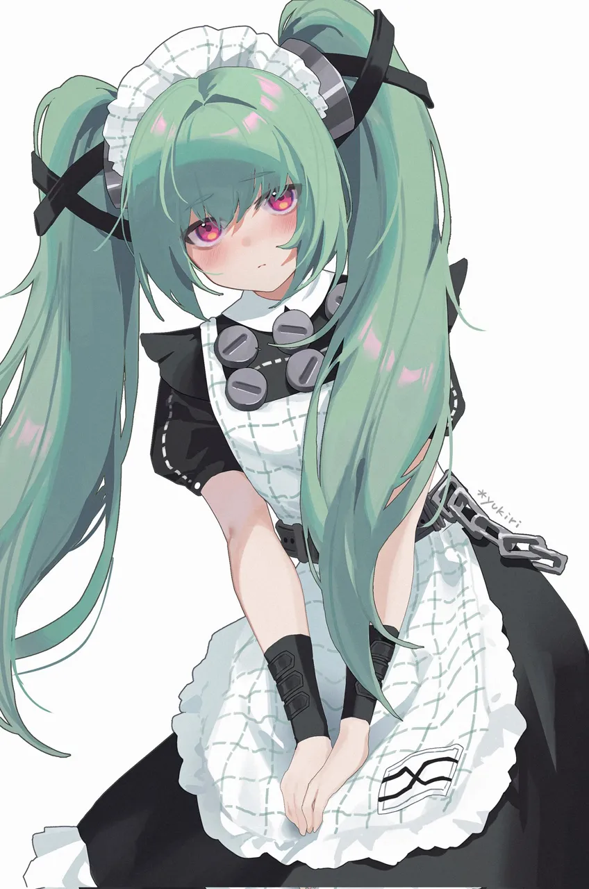 1girl apron bags_under_eyes blush green_hair long_hair looking_at_viewer maid maid_apron maid_headdress pink_eyes short_sleeves solo twintails white_background yukiri__l_ii zenless_zone_zero corin_wickes__zenless_zone_zero
