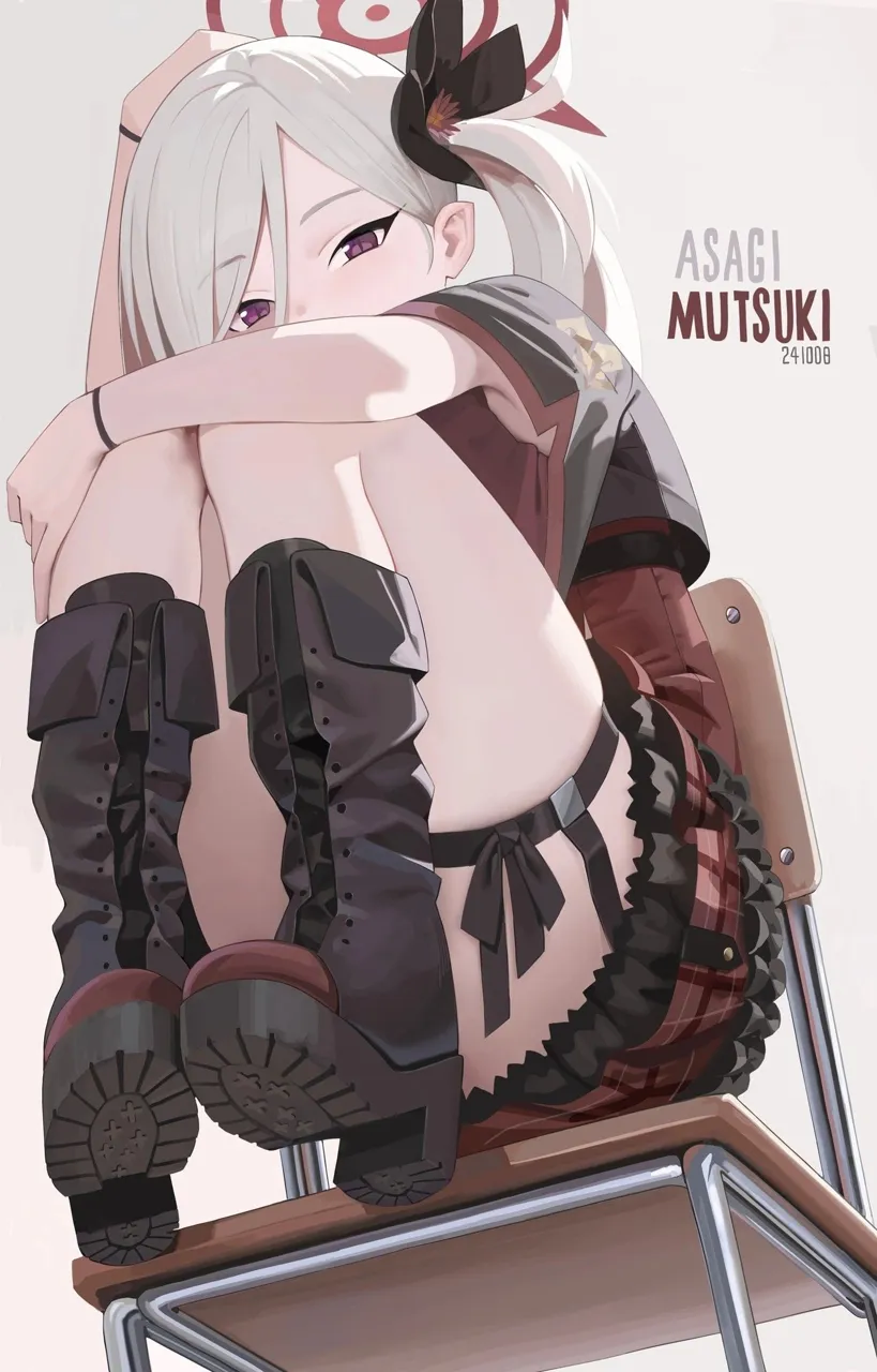 1girl bangs black_footwear boots chair character_name desk frilled_skirt gradient gradient_background hair_ornament leg_garter long_hair looking_at_viewer on_chair plaid plaid_skirt school_desk short_sleeves sitting skirt solo thigh_strap thighs wristband blue_archive asagi_mitsuki__blue_archive