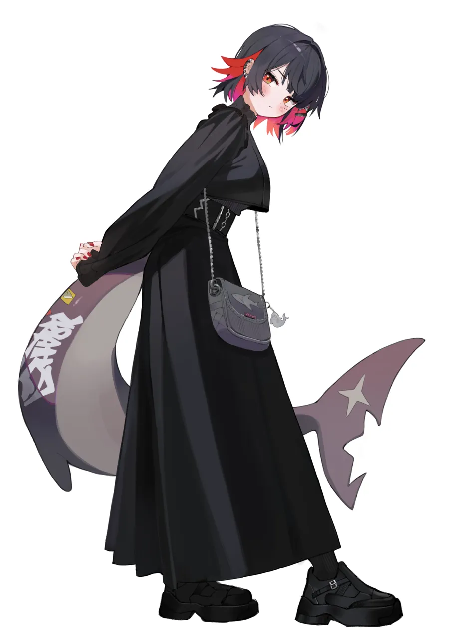 1girl alternate_costume arms_behind_back bag belt black_belt black_shirt black_shoes black_skirt black_socks blush breasts closed_mouth colored_inner_hair ear_piercing fins fish_tail from_side full_body large_breasts leaning_forward long_skirt multicolored_hair piercing red_eyes red_nails shark_girl shark_tail shirt shoes short_hair shoulder_bag simple_background skirt socks solo tail white_background niji__rudduf232 zenless_zone_zero ellen_joe__zenless_zone_zero