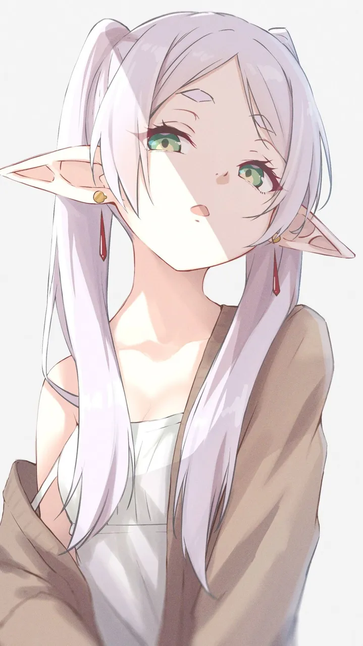 1girl bare_shoulders dress earrings elf green_eyes grey_background hair_over_shoulder jewelry long_hair looking_at_viewer open_mouth parted_bangs pointy_ears shade shaded_face simple_background solo teardrop_earrings twintails white_dress white_hair pikao sousou_no_frieren frieren__sousou_no_frieren