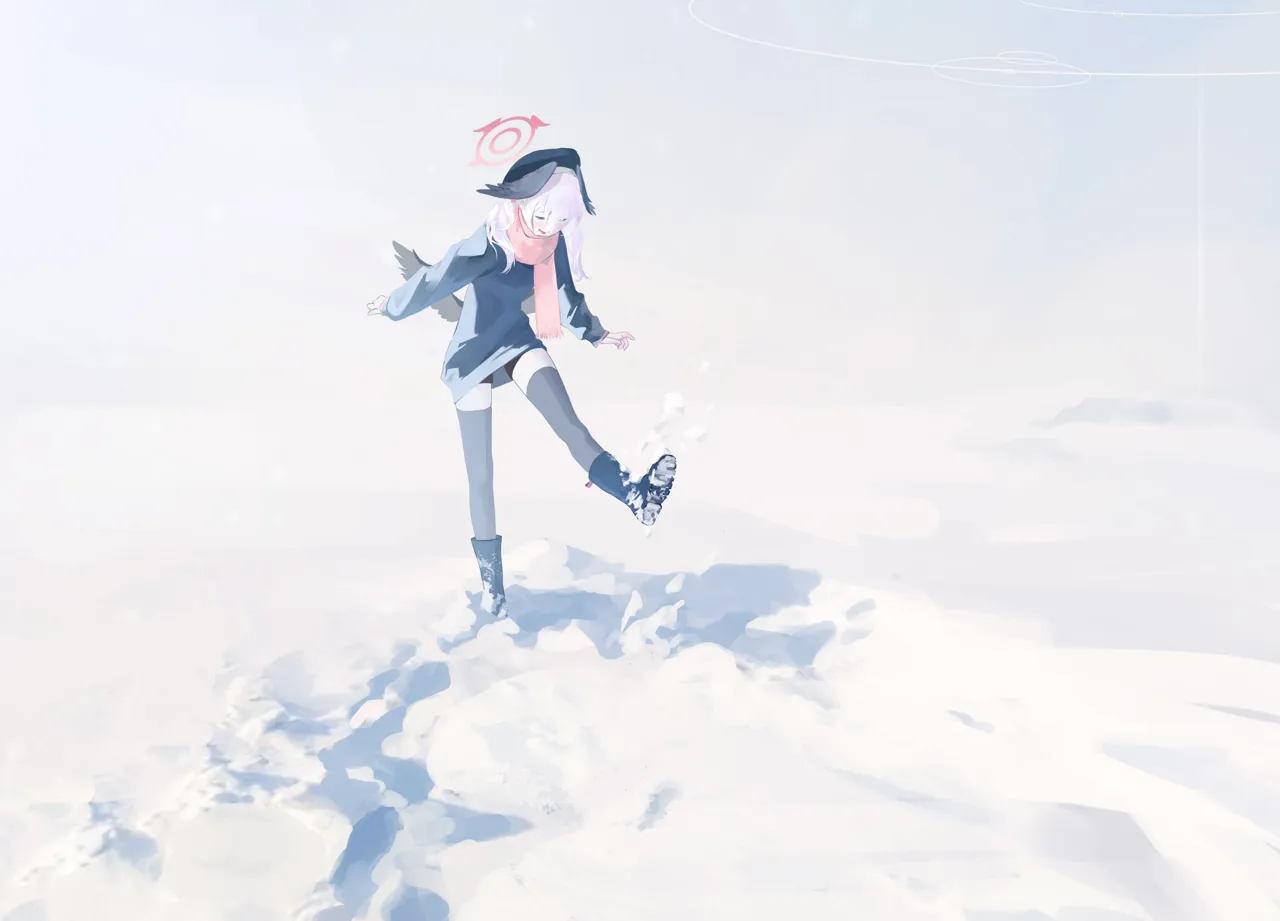 1girl alternate_costume beret black_hat black_sweater feathered_wings full_body grey_thighhighs grey_wings halo hat head_wings long_sleeves medium_hair open_mouth pink_hair red_scarf scarf smile snow snow_boots solo sweater thighhighs twintails wings winter_clothes midfinger blue_archive koharu__blue_archive