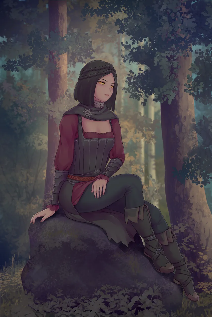1girl black_boots black_corset black_hair boots braid colored_sclera corset forest gorget looking_to_the_side nature outdoors pants red_shirt rock shirt short_hair sitting solo tree yellow_eyes yellow_sclera iskanderednaksi the_elder_scrolls the_elder_scrolls_v__skyrim serana__the_elder_scrolls_v__skyrim