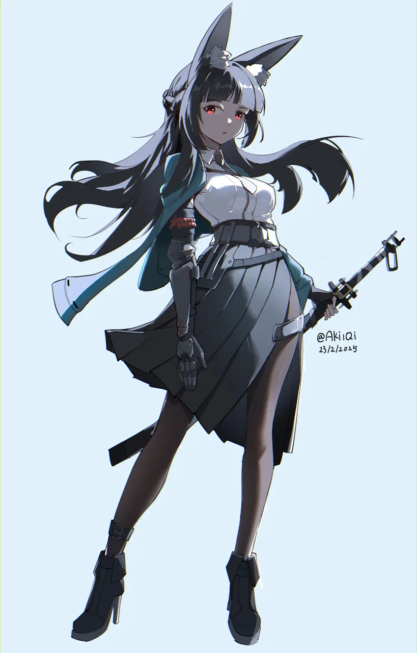 1girl animal_ear_fluff animal_ears aqua_jacket black_gloves black_hair black_necktie black_pantyhose black_skirt blunt_bangs collared_shirt fingerless_gloves fox_ears fox_girl full_body gloves high_waist_skirt holding holding_sword holding_weapon jacket katana long_hair looking_at_viewer necktie open_clothes open_jacket pantyhose parted_lips red_eyes shirt single_fingerless_glove skirt standing sword weapon white_shirt gustye zenless_zone_zero hoshimi_miyabi