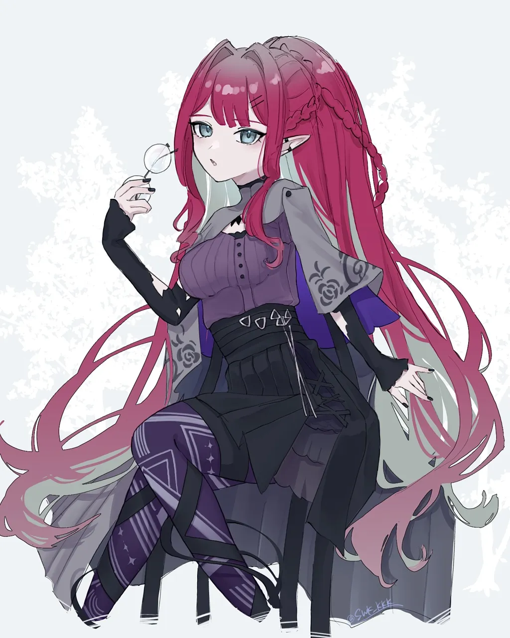 1girl black_nails black_skirt capelet crossed_legs fingernails glasses grey_capelet grey_eyes hair_intakes long_hair looking_at_viewer official_alternate_costume pantyhose pink_hair pointy_ears ponytail purple_hair purple_pantyhose purple_shirt shirt sidelocks simple_background sitting skirt solo twitter_username unworn_eyewear very_long_hair suwa__swk_kkk fate_grand_order fate__series baobhan_sith__fate baobhan_sith__swimsuit_pretender__fate baobhan_sith__swimsuit_pretender__second_ascension__fate