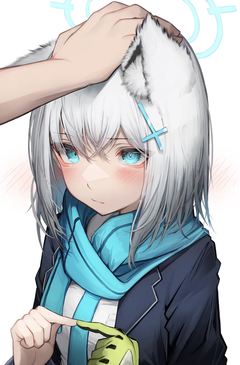 1girl animal_ear_fluff animal_ears blue_eyes blue_scarf brown_hair cross_hair_ornament extra_ears gloves green_gloves hair_between_eyes hair_ornament halo headpat scarf school_uniform single_glove solo_focus upper_body wolf_ears tab_head blue_archive shiroko__blue_archive