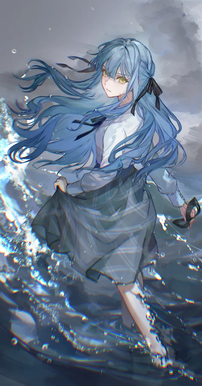 1girl black_mask black_ribbon blue_hair grey_skirt hair_between_eyes hair_ribbon holding holding_mask long_hair long_sleeves mask masquerade_mask neck_ribbon plaid_clothes plaid_skirt ribbon shirt skirt skirt_hold solo unworn_mask wading white_shirt yellow_eyes sanmen bang_dream bang_dream__it_s_mygo oblivionis__bang_dream_ togawa_sakiko