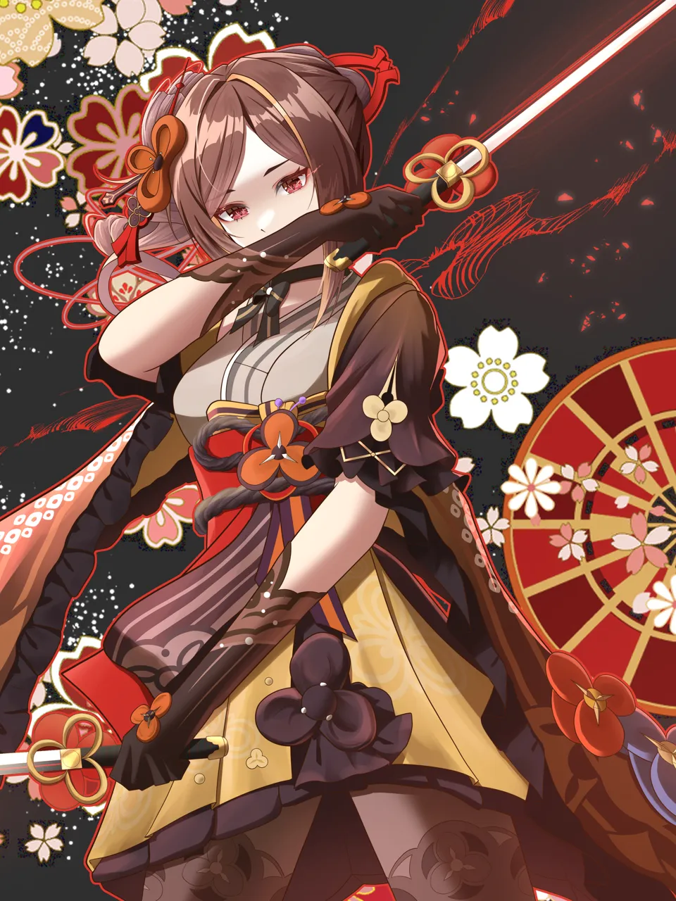 1girl black_gloves black_pantyhose blonde_hair breasts brown_hair covering_own_mouth dual_wielding gloves grey_kimono hair_ornament hand_up holding japanese_clothes kimono large_breasts obi pantyhose red_eyes red_sash sash solo yuudachi__yu_datip genshin_impact chiori__genshin_impact