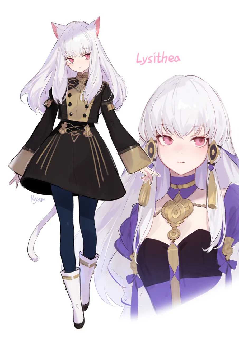 1girl animal_ears black_jacket black_skirt boots cat_ears cat_tail character_name choker garreg_mach_monastery_uniform jacket juliet_sleeves kemonomimi_mode long_hair long_sleeves multiple_views pantyhose pink_eyes puffy_sleeves purple_choker simple_background skirt tail very_long_hair white_background white_footwear white_hair adelie_cat fire_emblem fire_emblem__three_houses lysithea_von_ordelia__fire_emblem