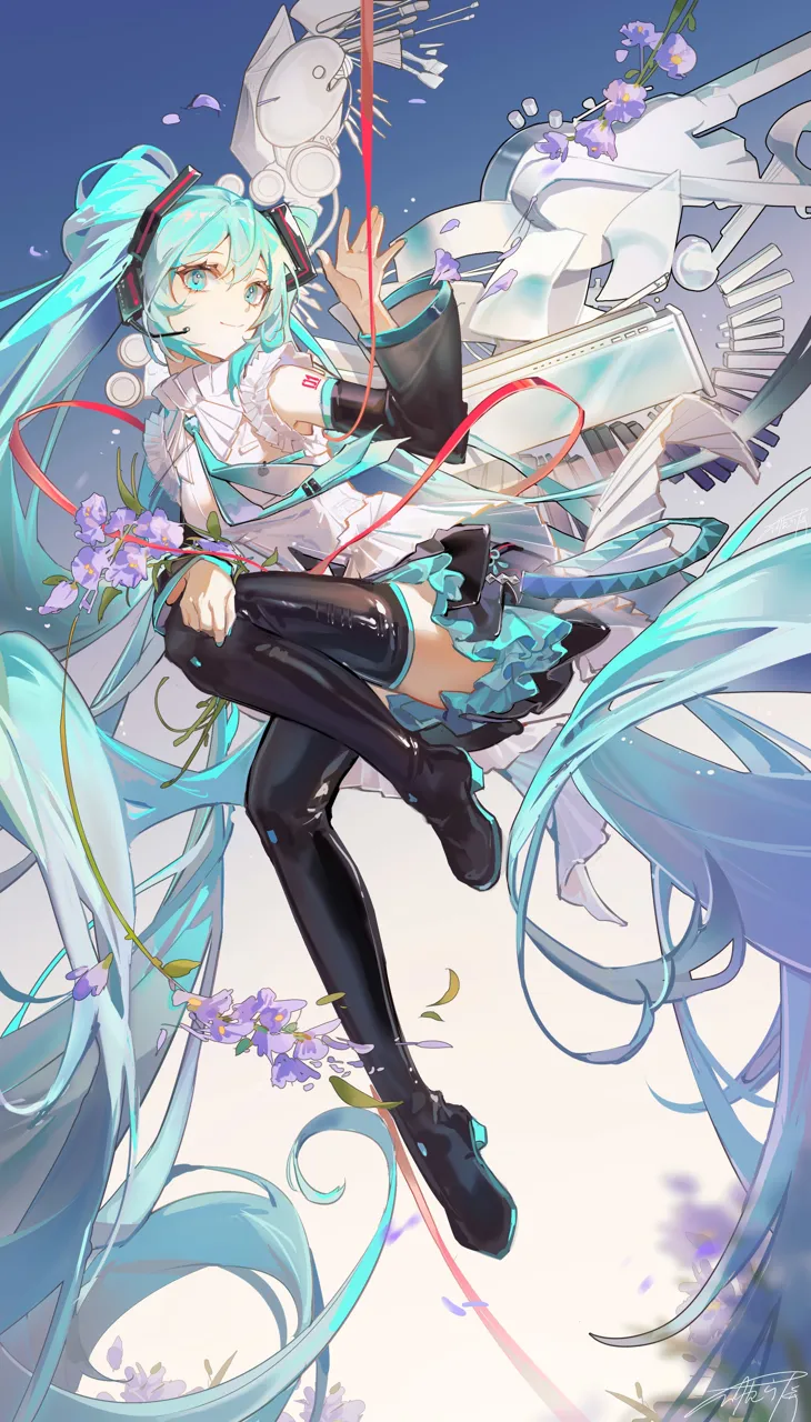 1girl absurdly_long_hair aqua_eyes aqua_hair aqua_nails aqua_necktie black_sleeves blue_background blue_sky boots cloud detached_sleeves flower frilled_skirt frills gradient_background hair_ornament long_hair necktie skirt sky smile solo tattoo thigh_boots twintails very_long_hair vocaloid white_background wings asona hatsune_miku hatsune_miku_happy_16th_birthday__dear_creators