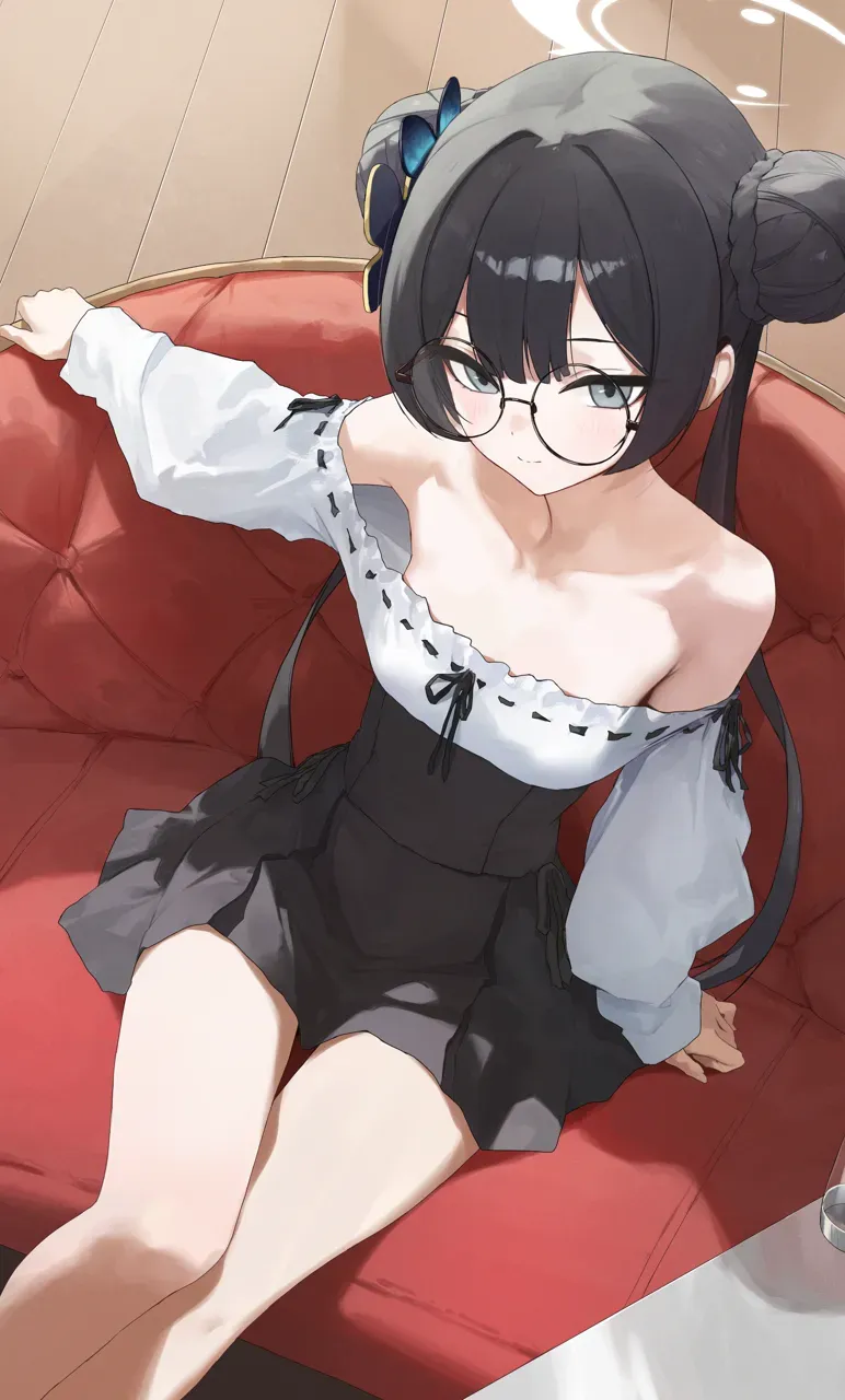 1girl alternate_costume arm_support bare_shoulders bespectacled black_hair black_skirt butterfly_hair_ornament closed_mouth collarbone couch double_bun flat_chest glasses grey_halo hair_bun hair_ornament halo high_waist_skirt long_hair looking_at_viewer off_shoulder off_shoulder_shirt on_couch round_eyewear shirt sitting skirt solo thighs twintails white_shirt toi1et_paper blue_archive kisaki__blue_archive