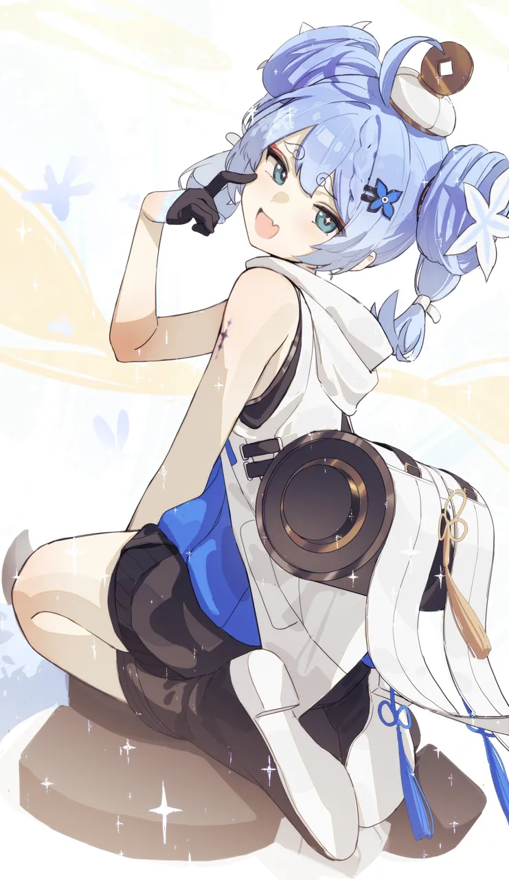 1girl black_gloves blue_eyes blue_hair blue_hands blush boots coin coin_hat_ornament curly_eyebrows fang gloves hair_between_eyes hair_ornament hairclip hat hat_ornament holed_coin hood hood_down index_finger_raised kneeling looking_at_viewer looking_back open_mouth sitting skin_fang sleeveless solo sparkle tacet_mark__wuthering_waves tassel white_hat songchuan_li wuthering_waves youhu__wuthering_waves