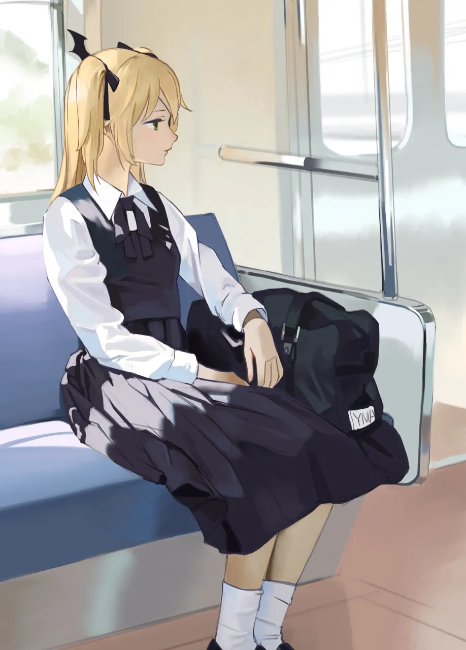 1girl bat_ornament black_ribbon blonde_hair collared_shirt eyepatch green_eyes hair_ribbon long_hair long_sleeves pleated_skirt ribbon school_uniform shirt skirt socks solo sunlight train_interior two_side_up white_shirt midfinger genshin_impact fischl__genshin_impact