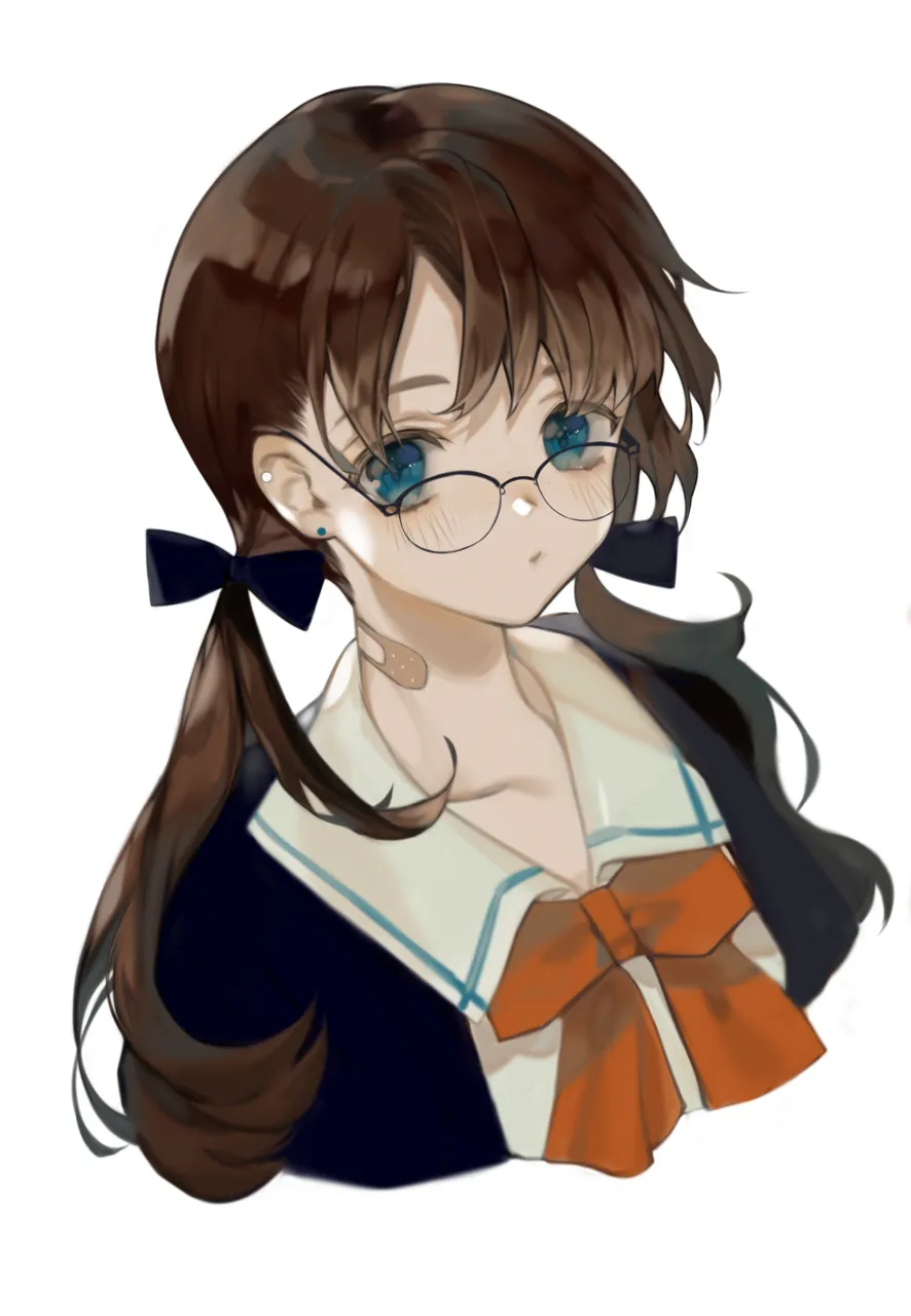 1girl bandaged_neck bandages black_framed_eyewear blue_bow blue_eyes blue_jacket blush bow bowtie brown_hair closed_mouth collarbone collared_shirt cropped_torso earrings glasses hair_bow jacket jewelry long_hair looking_at_viewer low_twintails open_clothes open_jacket orange_bow orange_bowtie over_rim_eyewear school_uniform semi_rimless_eyewear shirt simple_background solo twintails upper_body white_background white_shirt myoushun