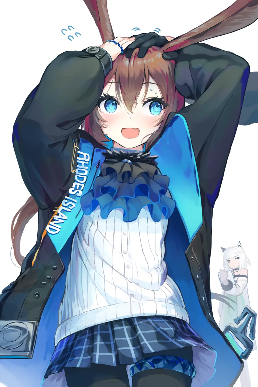 1other 2girls animal_ears ascot black_jacket blue_ascot blue_eyes brown_hair dress frilled_ascot frills green_dress headpat jacket jewelry multiple_girls multiple_rings off_shoulder open_clothes open_jacket out_of_frame pantyhose pleated_skirt purple_ascot rabbit_ears rabbit_girl ring shirt skirt sweatdrop white_background white_shirt pi__p77777778 arknights amiya__arknights doctor__arknights kal_tsit__arknights