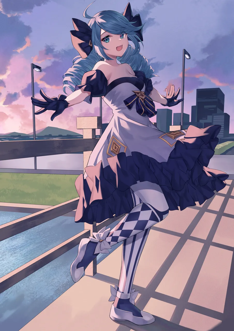 1girl ahoge bare_shoulders black_bow black_gloves blush bow breasts building checkered_thighhighs collarbone day detached_sleeves dress drill_hair gloves green_eyes hair_bow large_breasts long_hair looking_at_viewer open_mouth outdoors shoes smile solo standing standing_on_one_leg striped_clothes striped_thighhighs thighhighs twin_drills twintails water angel_no_shousou league_of_legends gwen__league_of_legends