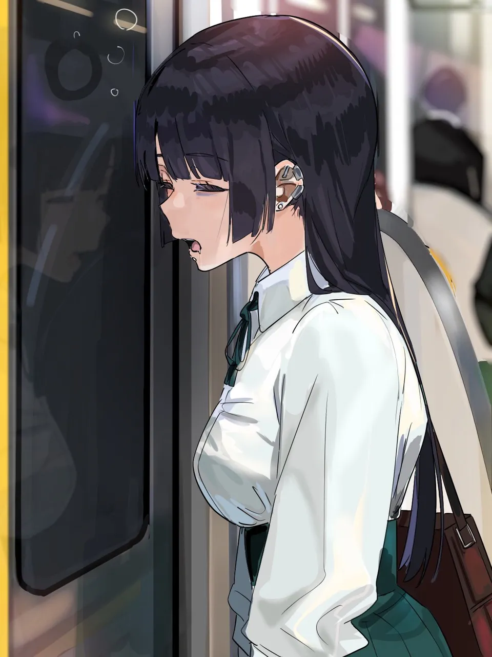 1girl bag black_hair breasts brown_bag dress_shirt drooling earclip earrings green_ribbon green_skirt hime_cut jewelry labret_piercing long_hair medium_breasts neck_ribbon open_mouth pleated_skirt puffy_sleeves reflection ribbon school_bag school_uniform shirt skirt sleeping solo_focus standing stud_earrings train_interior white_shirt funi_mu9 bocchi_the_rock pa_san