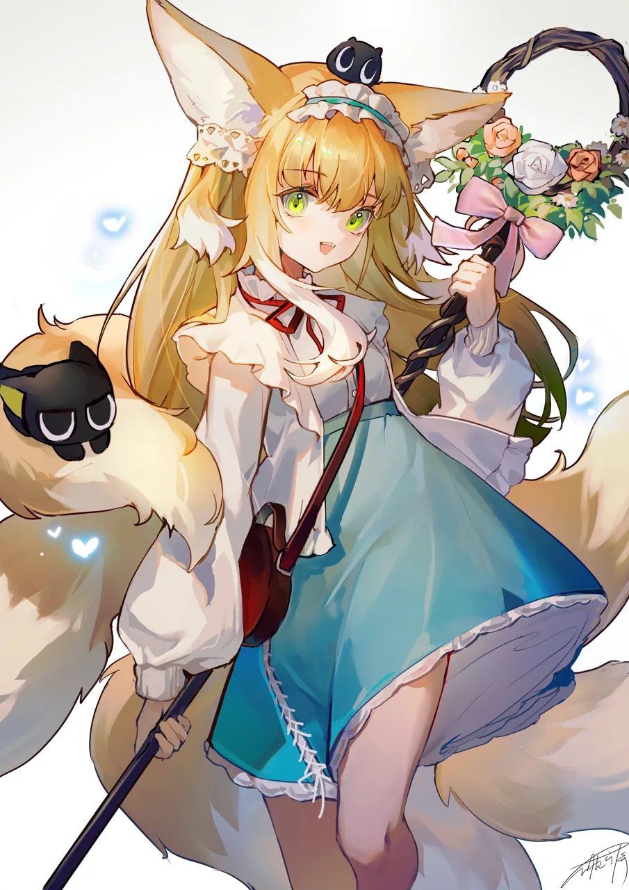1girl animal_ears black_cat blonde_hair blue_hairband cardigan cat feet_out_of_frame fox_ears fox_girl fox_tail frilled_hairband frilled_skirt frills green_eyes green_skirt hair_down hairband high_waist_skirt holding holding_staff long_hair looking_at_viewer official_alternate_costume open_cardigan open_clothes open_mouth shirt simple_background skirt solo staff standing tail white_background white_cardigan white_shirt asona arknights luo_xiaohei_zhanji heixiu luo_xiaohei luo_xiaohei__cat suzuran__arknights suzuran__spring_praise__arknights