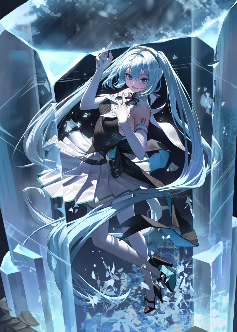 1girl aqua_eyes aqua_hair aqua_nails black_hairband breasts circle_skirt dress elbow_gloves fingerless_gloves from_side full_body gloves hairband high_heels looking_at_viewer medium_breasts pleated_dress solo thighhighs twintails vocaloid white_gloves white_thighhighs xzu miku_symphony__vocaloid hatsune_miku