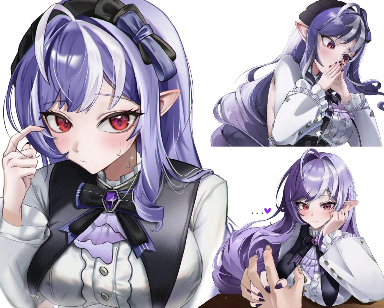 1girl ahoge arm_under_breasts armpit_cutout blush bow bowtie breast_rest breasts brooch center_frills closed_mouth clothing_cutout embarrassed frilled_shirt frills hand_up hands_up headdress heart jewelry large_breasts long_hair long_sleeves looking_at_viewer looking_to_the_side medium_breasts multicolored_hair multiple_views nail_polish open_mouth own_hands_together pointy_ears pov pov_hands purple_hair red_eyes shirt solo solo_focus steepled_fingers streaked_hair sweat underbust upper_body very_long_hair white_shirt chowol zenless_zone_zero vivian__zenless_zone_zero