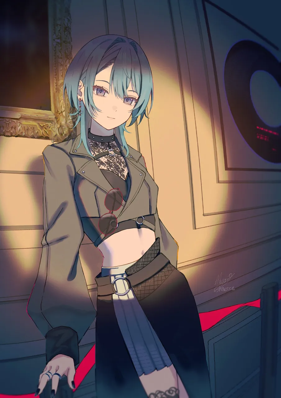 1girl alternate_costume black_nails black_shirt black_skirt blazer blue_eyes blue_hair cropped_jacket earrings eyewear_hang grey_skirt indoors jacket jewelry looking_at_viewer midriff multiple_rings museum navel o_ring painting__object pleated_skirt ring shirt short_hair skirt solo stanchion unworn_eyewear virtual_youtuber maria_onnette hololive hoshimachi_suisei__hololive