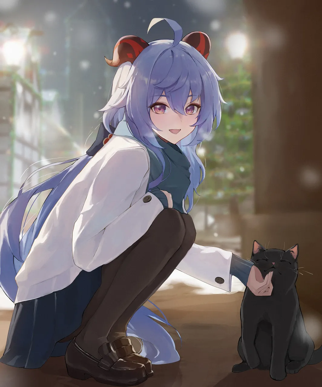 1girl ahoge alternate_costume black_cat black_pantyhose blue_hair blurry blurry_background blush brown_footwear casual cat horns jacket long_hair looking_at_viewer looking_to_the_side outdoors pantyhose petting sheep_horns sidelocks smile snowing solo squatting very_long_hair white_jacket jiang_zhuti_jiojio genshin_impact ganyu__genshin_impact