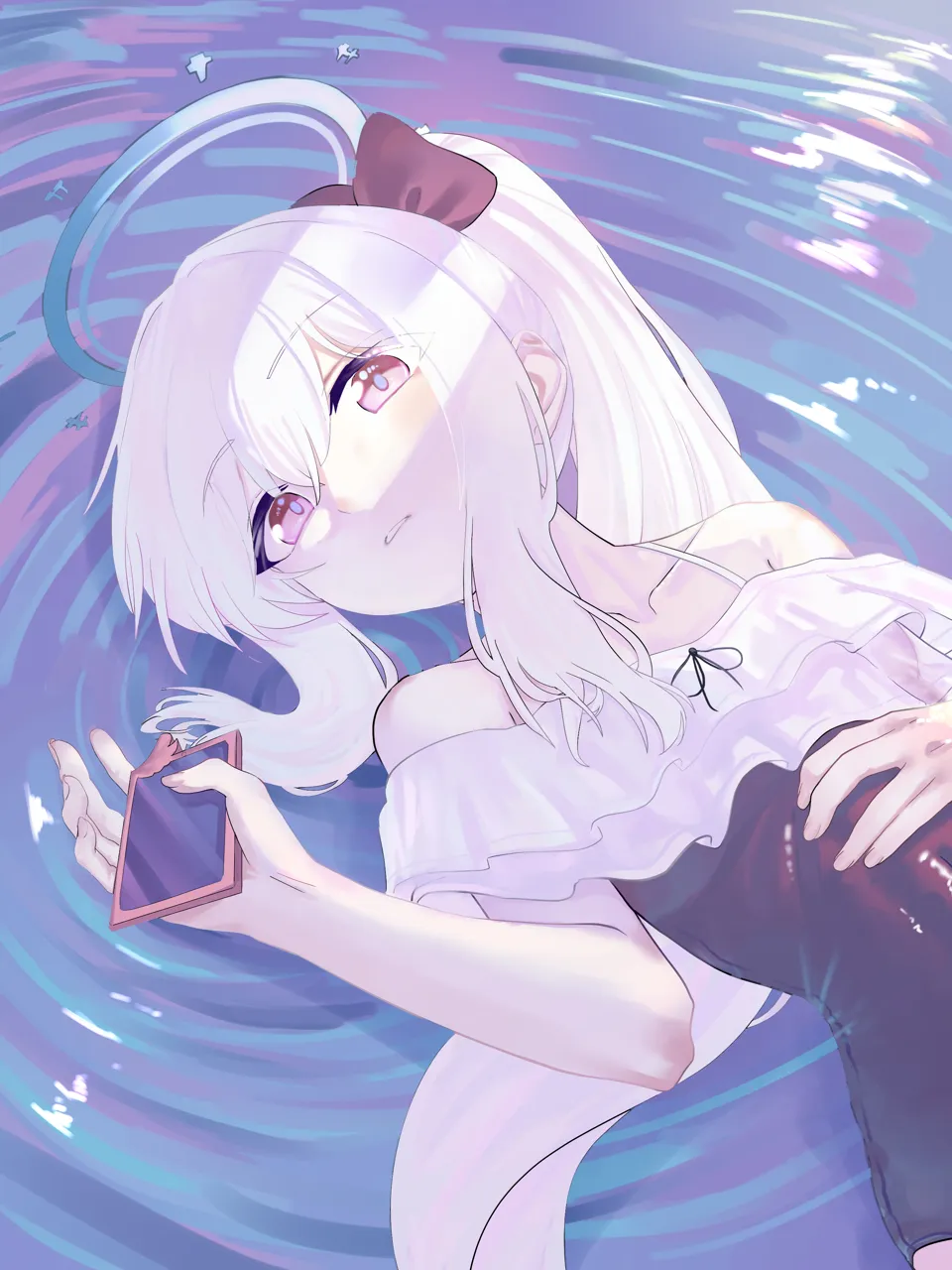 1girl bare_arms bare_shoulders blue_halo blush cellphone fingernails frilled_one_piece_swimsuit frills grey_hair halo holding holding_phone long_hair official_alternate_costume official_alternate_hairstyle one_piece_swimsuit open_mouth phone ponytail purple_eyes smartphone solo swimsuit upper_body haoma blue_archive miyako__blue_archive miyako__swimsuit__blue_archive