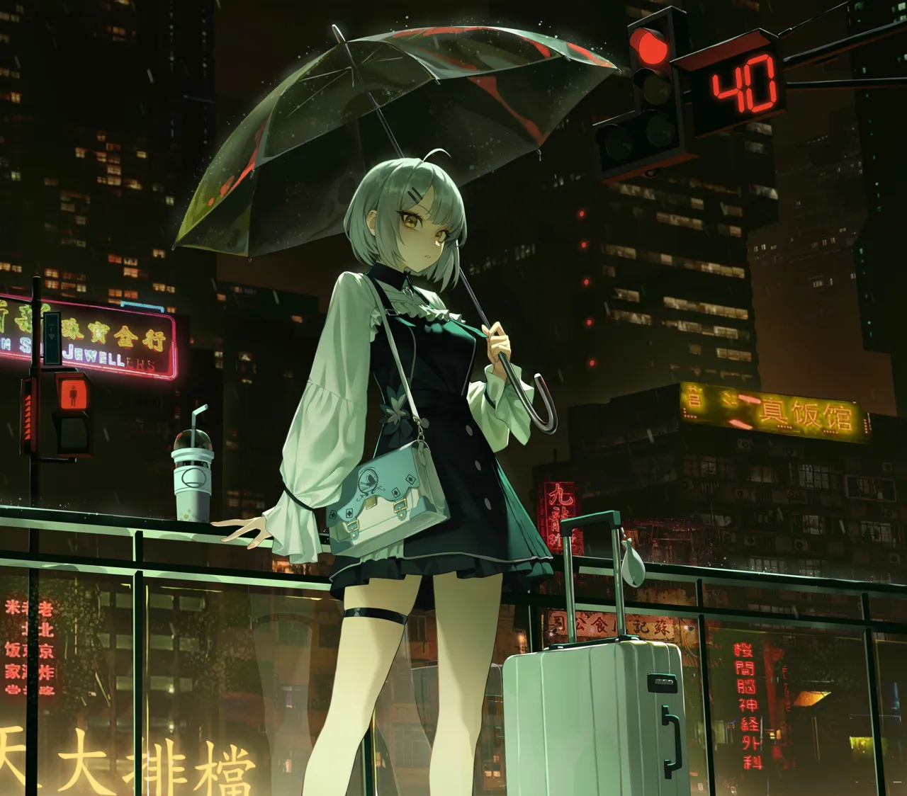 1girl ahoge city cup disposable_cup dress grey_hair hair_ornament hairclip holding holding_umbrella looking_at_viewer night short_hair solo suitcase thigh_strap traffic_light umbrella yellow_eyes xzu