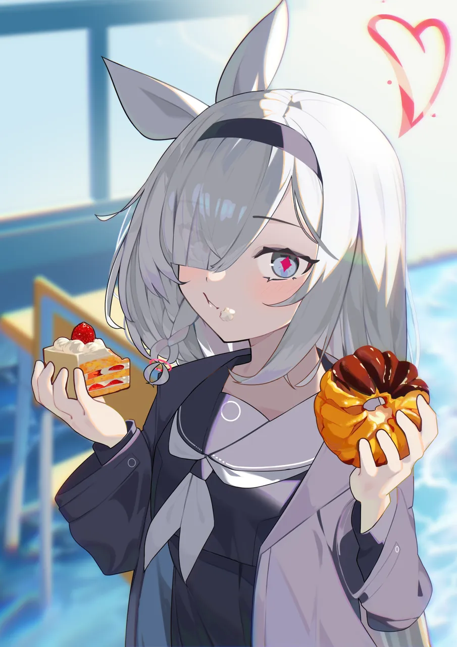 1girl black_coat black_hairband black_sailor_collar black_serafuku black_skirt blush braid cake closed_mouth coat donut eating eyes_visible_through_hair food food_on_face grey_eyes grey_hair hair_over_one_eye hairband halo holding holding_food long_hair long_sleeves looking_at_viewer neckerchief open_clothes open_coat pleated_skirt red_halo sailor_collar school_uniform serafuku single_braid skirt solo upper_body white_neckerchief hijo__nakare2845 blue_archive plana__blue_archive