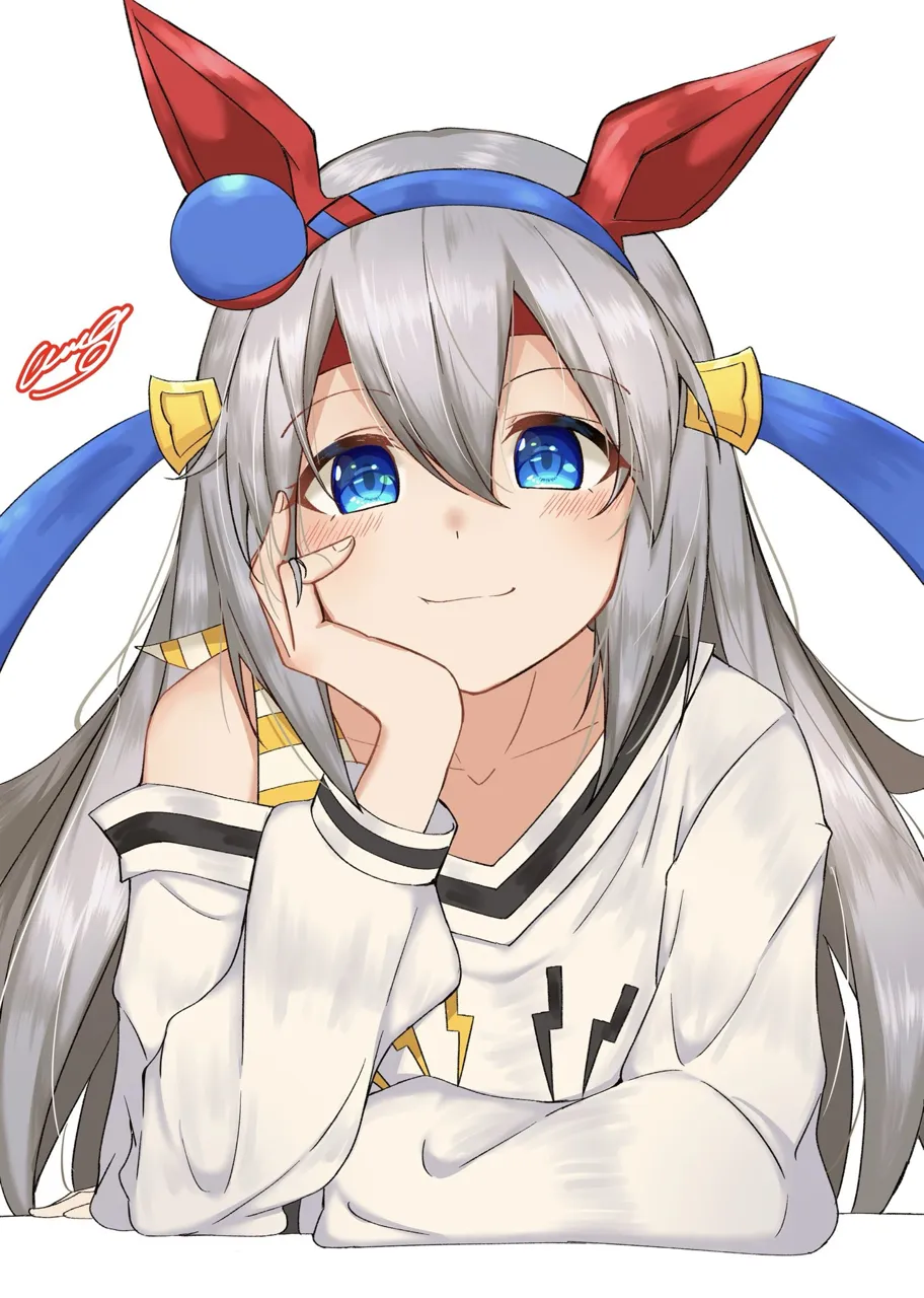 1girl animal_ears blue_eyes blush closed_mouth elbow_rest grey_hair hairband hand_on_own_cheek hand_on_own_face head_rest headband horse_ears horse_girl long_hair long_sleeves looking_at_viewer off_shoulder shirt signature smile solo upper_body very_long_hair white_background white_shirt amaxa umamusume tamamo_cross__umamusume