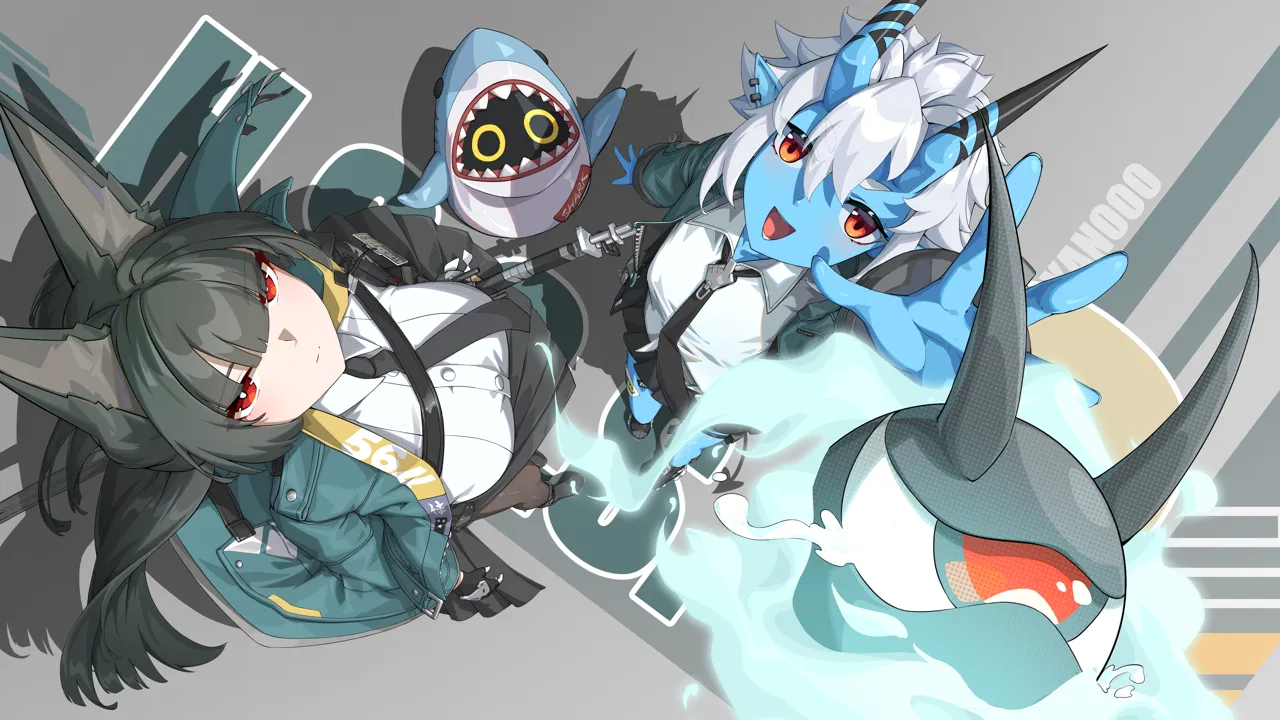 2girls animal_ears black_gloves black_hair blue_skin blunt_bangs brown_eyes closed_mouth colored_skin earrings fingerless_gloves fox_ears fox_girl from_above full_body gloves hair_between_eyes horns jewelry long_hair looking_at_viewer looking_up multiple_girls open_mouth pointy_ears reaching reaching_towards_viewer red_eyes serious shadow sidelocks smile standing white_hair yan__unicorn404 zenless_zone_zero hoshimi_miyabi sharkboo__zenless_zone_zero soukaku__zenless_zone_zero tailless__zenless_zone_zero