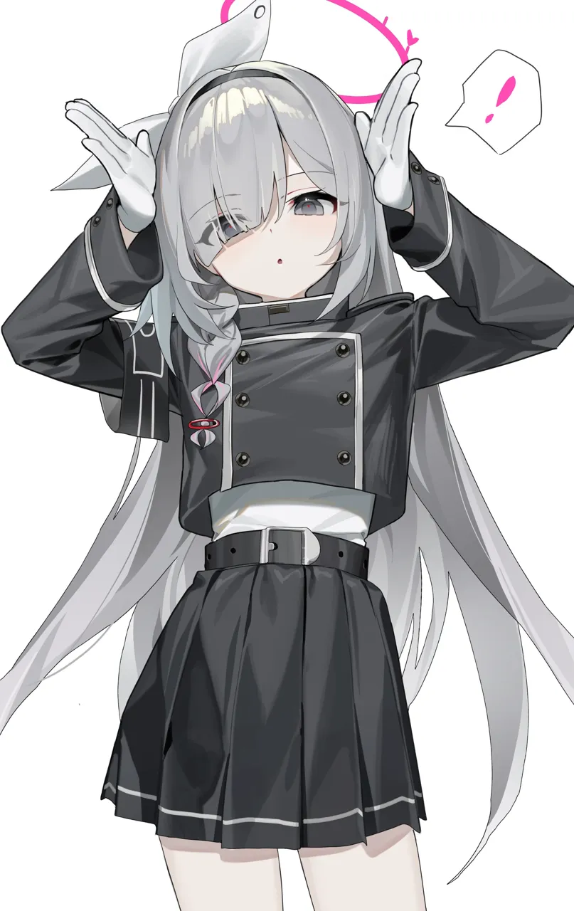 1girl armband arms_up belt black_armband black_belt black_hairband black_skirt braid cosplay eyes_visible_through_hair gloves grey_eyes grey_hair hair_over_one_eye hairband halo hikari__blue_archive__cosplay long_hair long_sleeves looking_at_viewer parted_lips simple_background skirt solo spoken_exclamation_mark standing white_background white_gloves huu__dighapdlxm12 blue_archive hikari__blue_archive plana__blue_archive