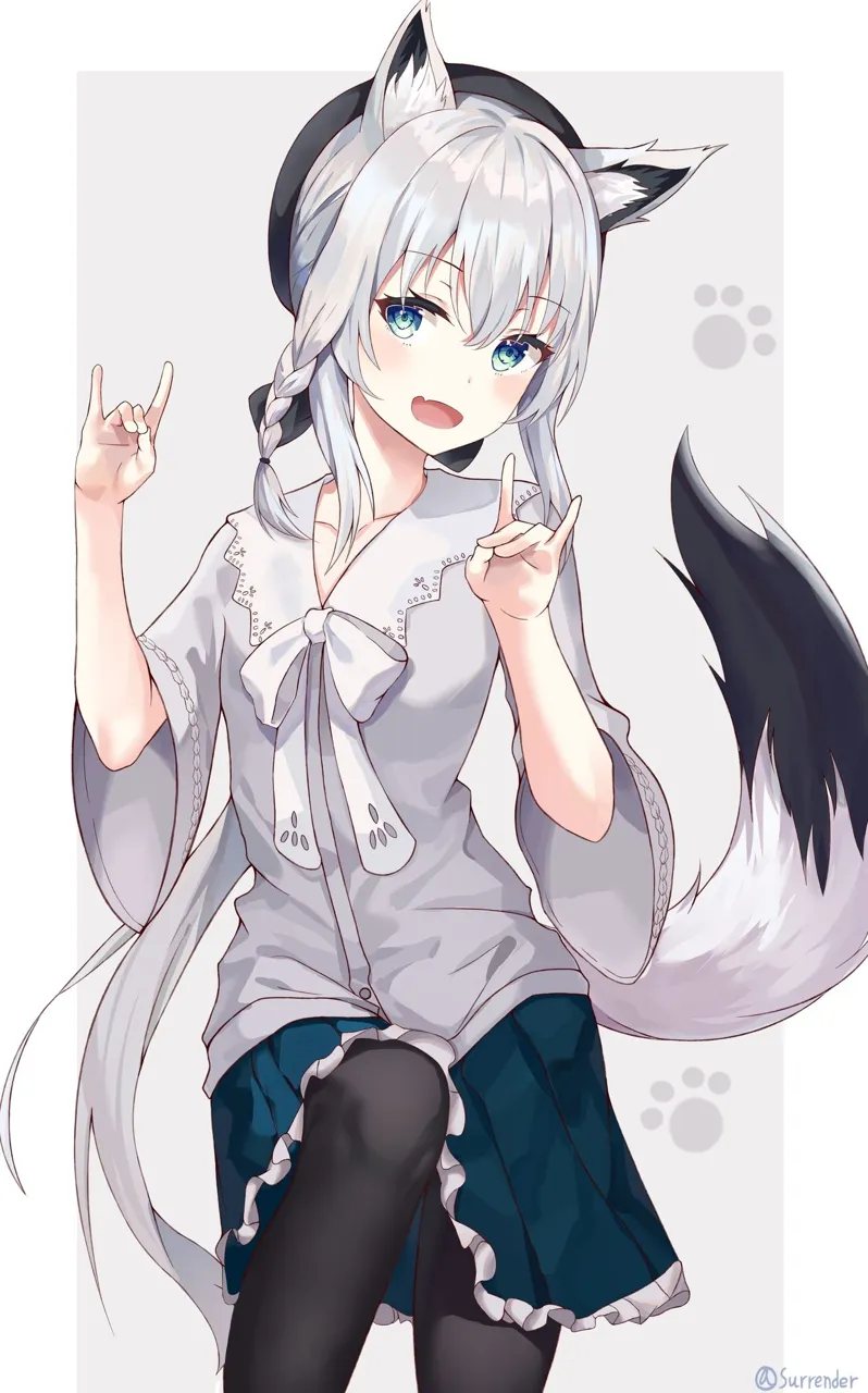 1girl ahoge animal_ears beret black_headwear black_legwear blue_skirt blush braid collarbone eyebrows_visible_through_hair fox_ears fox_girl fox_shadow_puppet fox_tail frilled_skirt frills green_skirt hair_between_eyes hat long_hair looking_at_viewer official_alternate_costume open_mouth pantyhose paw_print shirt skirt smile solo tail virtual_youtuber white_hair white_shirt surrender hololive shirakami_fubuki__hololive