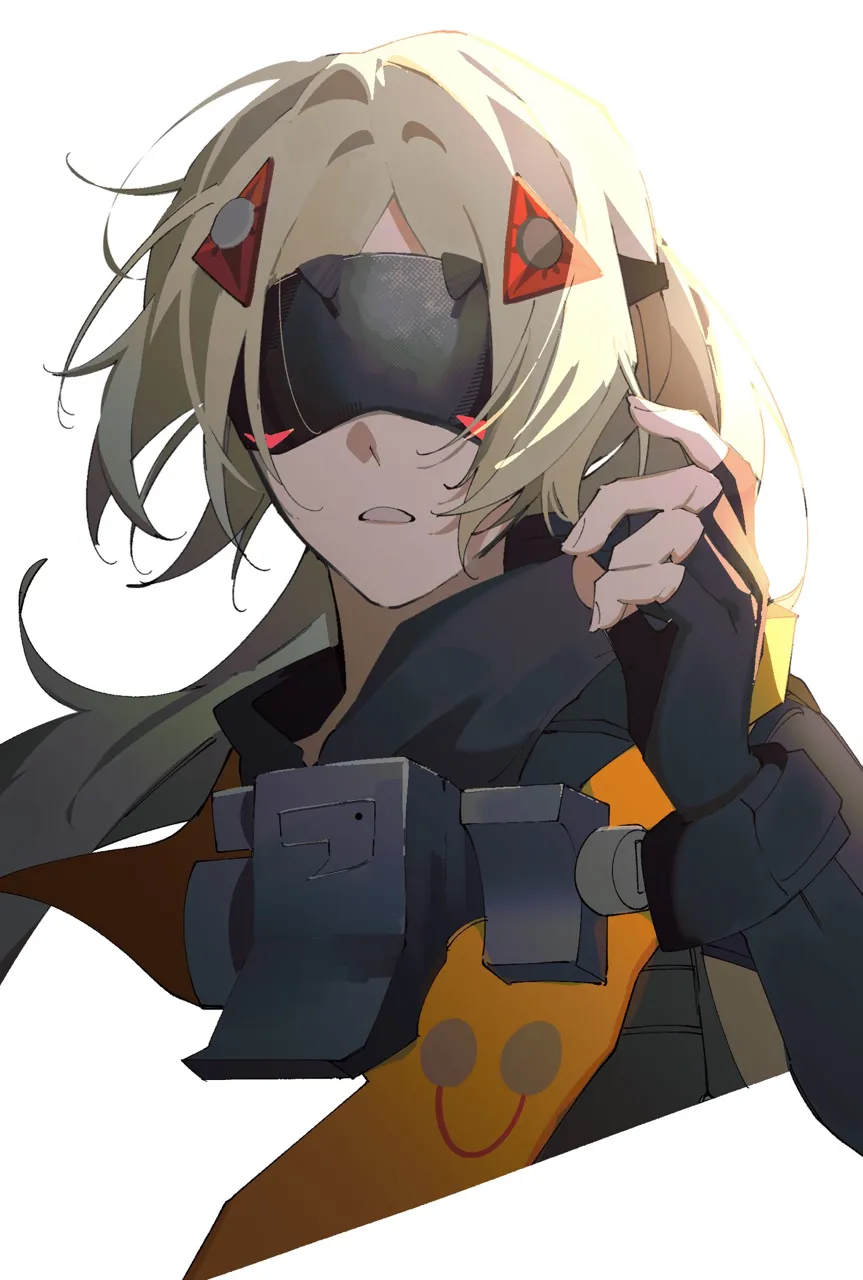 1girl blonde_hair covered_eyes eye_mask long_hair long_sleeves simple_background solo tactical_clothes upper_body white_background kon__konkon_1011 zenless_zone_zero trigger__zenless_zone_zero