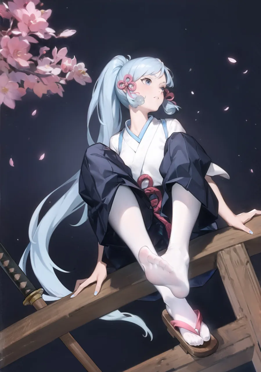 1girl alternate_costume blue_eyes blue_hair blue_nails cherry_blossoms feet flower foot_focus foreshortening genshin_impact geta hair_ornament japanese_clothes kamisato_ayaka katana kimono le__huanglongen long_hair looking_away nail_polish no_shoes outdoors pantyhose petals pink_flower ponytail sandals sitting soles solo sword toes very_long_hair weapon white_pantyhose