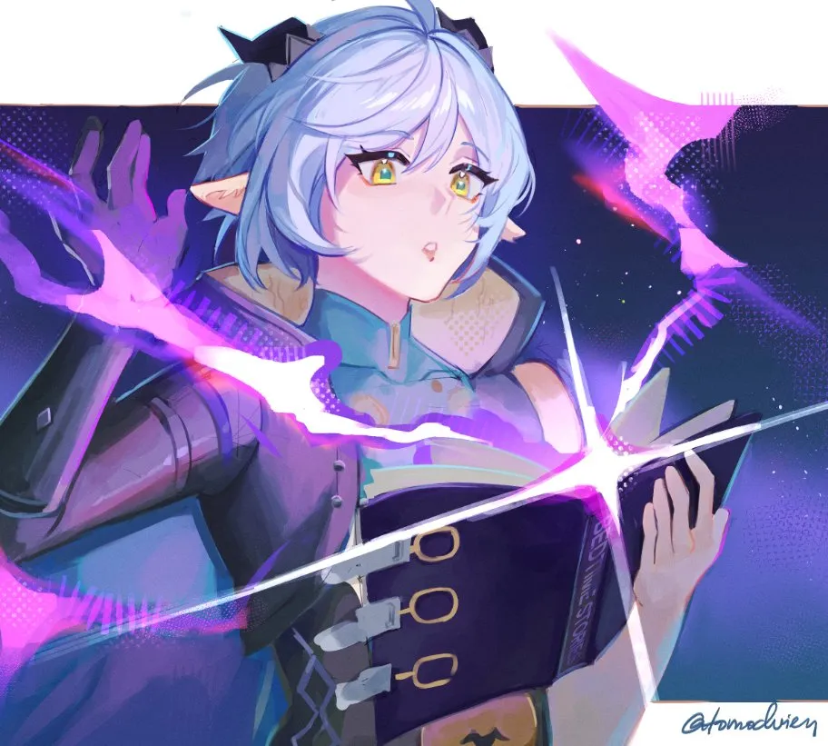 1girl artist_name blue_hair book hand_up holding holding_book horns pointy_ears short_hair signature single_bare_shoulder solo upper_body yellow_eyes tomodurien zenless_zone_zero lucia__zenless_zone_zero