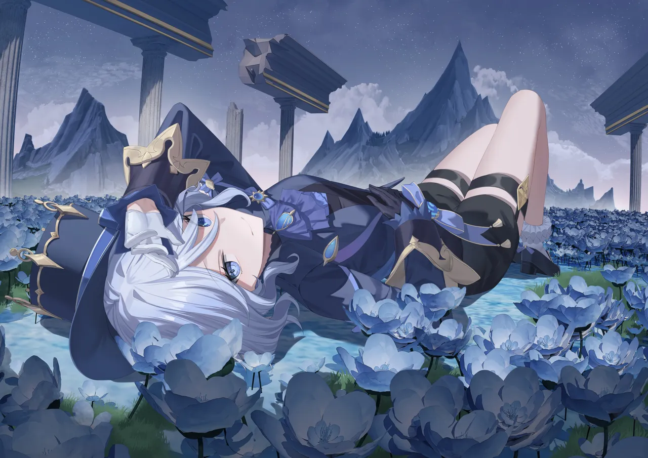 1girl ascot asymmetrical_gloves blue_ascot blue_brooch blue_gemstone blue_hat blue_jacket brooch gem gloves hat heterochromia jacket jewelry lying mismatched_gloves mismatched_pupils on_back solo thighs top_hat angel_no_shousou genshin_impact furina__genshin_impact
