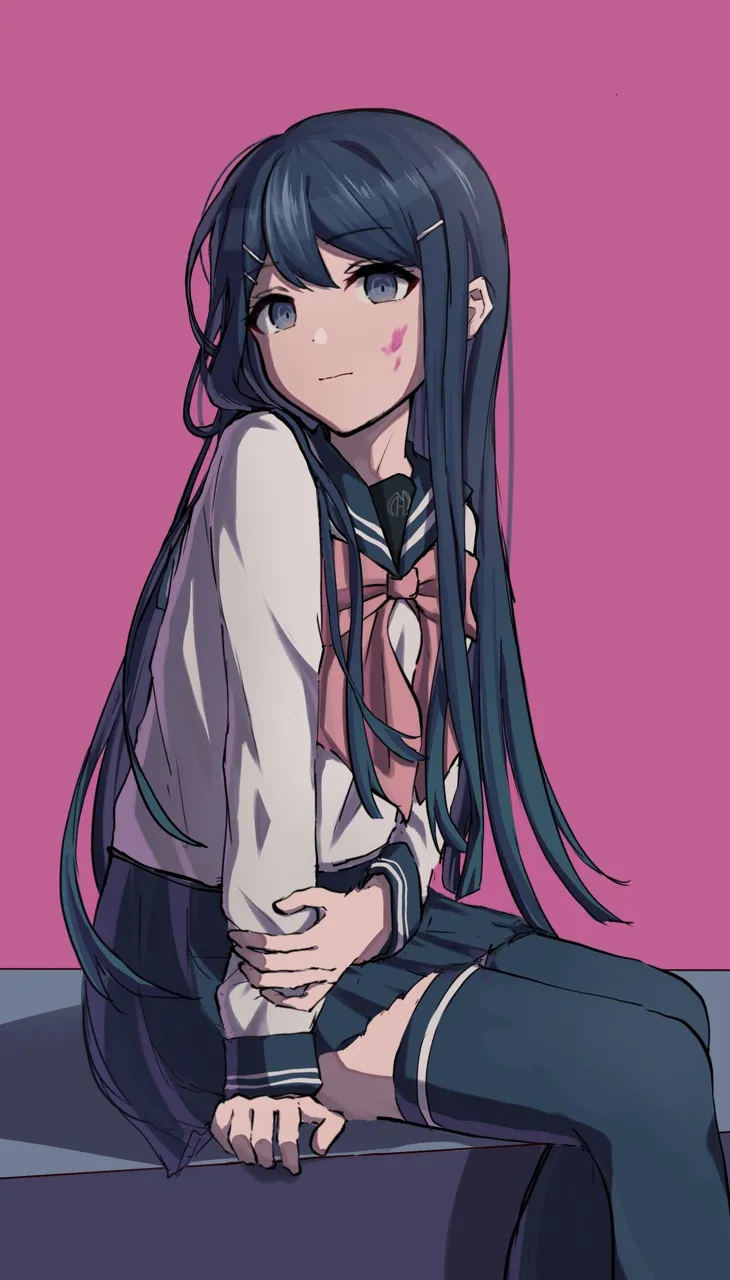 1girl bangs black_hair black_legwear blue_eyes blush_stickers hair_ornament hairclip long_hair long_sleeves looking_at_viewer neckerchief pink_background pleated_skirt purple_background sailor_collar school_uniform serafuku sitting skirt smile solo thighhighs very_long_hair danganronpa maizono_sayaka__danganronpa