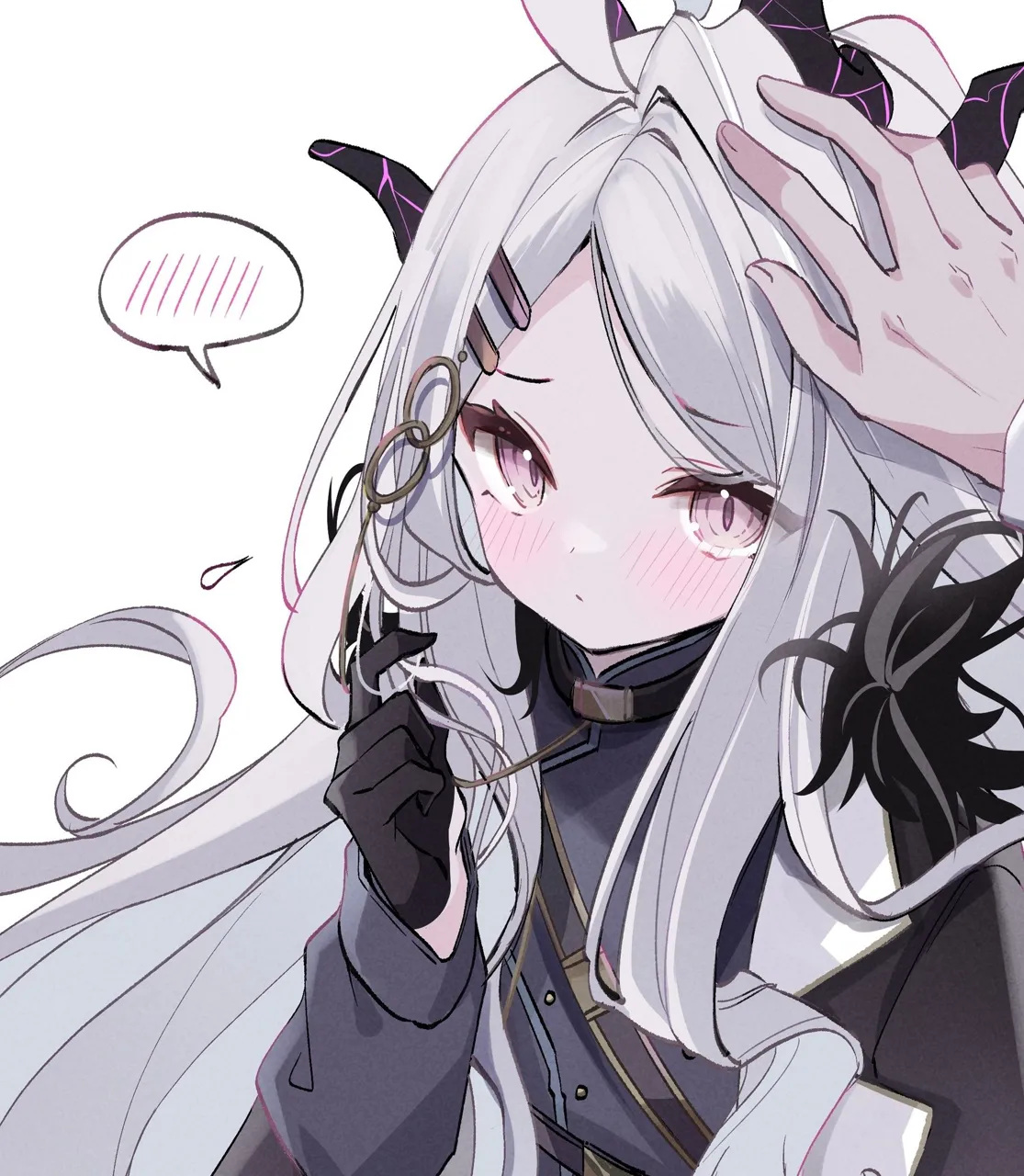 1girl ahoge bangs black_gloves blush closed_mouth flying_sweatdrops gloves hair_ornament hairclip hood horns jacket long_hair long_sleeves out_of_frame simple_background solo_focus speech_bubble spoken_blush spoken_question_mark spoken_squiggle spoken_sweatdrop upper_body white_background blue_archive hina__blue_archive