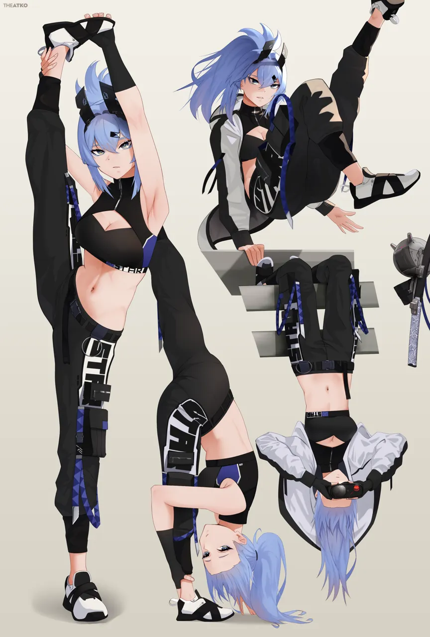 1girl armpits black_pants black_sports_bra blue_eyes blue_hair breasts character_name cleavage crop_top flexible grey_background hair_between_eyes hair_ornament hairclip jumping long_hair looking_at_viewer medium_breasts midriff multiple_views navel pants ponytail shoes shrug__clothing simple_background sneakers split sports_bra spread_legs standing standing_on_one_leg standing_split stomach stretching upside_down wide_spread_legs the_atko saki__the_atko